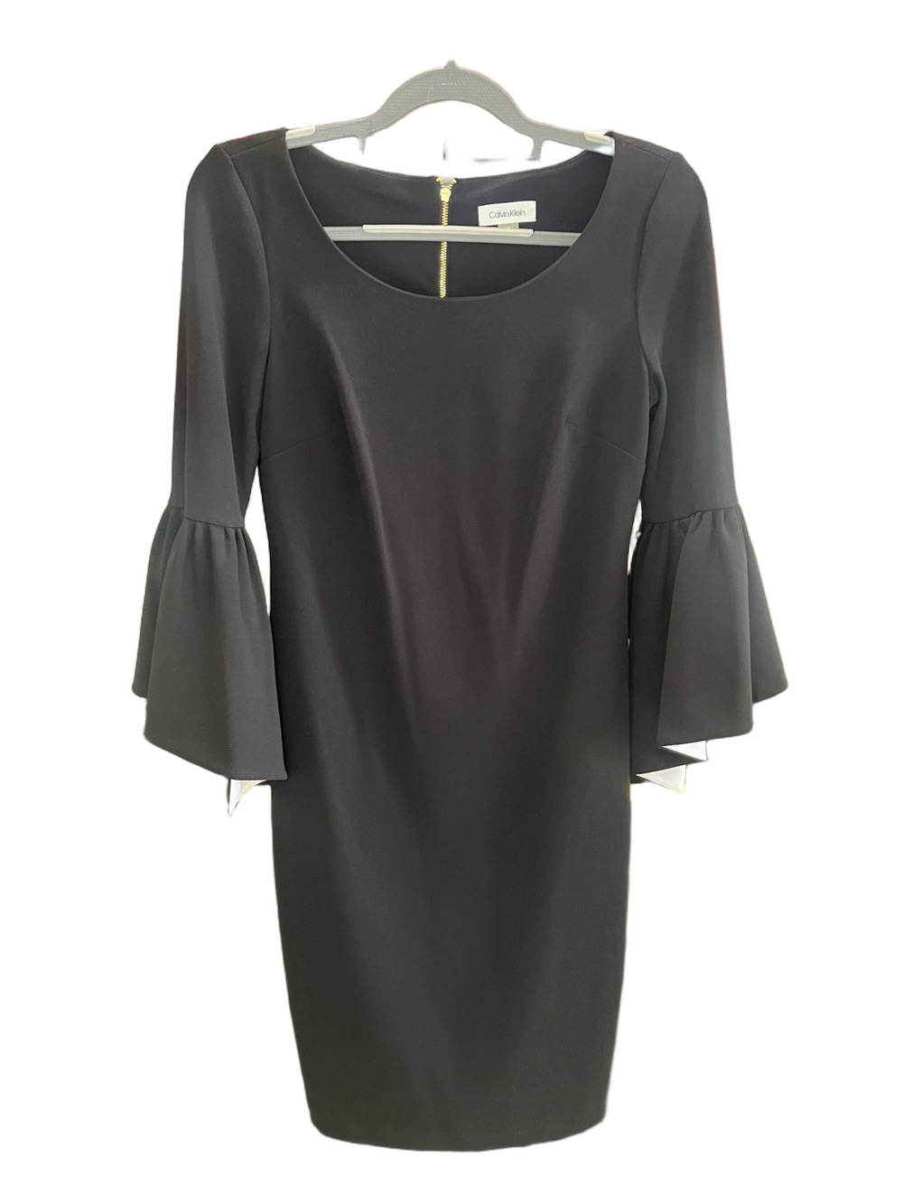 Calvin Klein Black White Bell Sleeve Sheath Dress with Scoop Neck